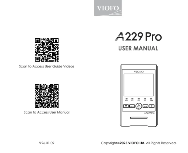 VIOFO A229 Pro. Інструкція англійською — V26.01.09