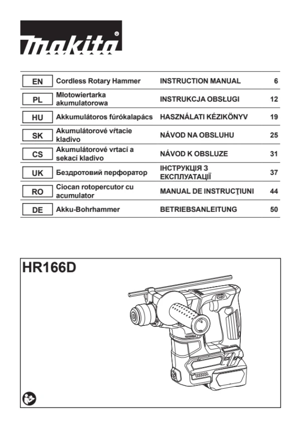 Makita HR166D — інструкція українською, польською та англійською